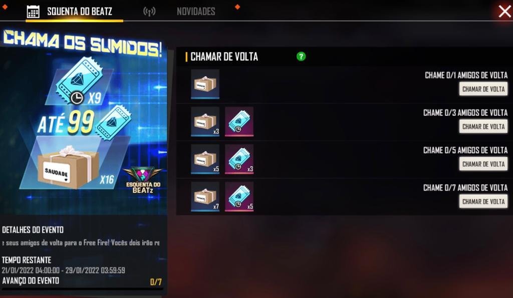 Chamar amigo de volta Free Fire 2022 - Chama os Sumidos