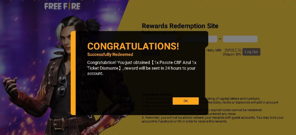 Como resgatar códigos Free Fire válidos no site Rewards Redemption